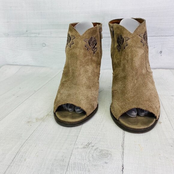 Lucky Brand LISTANA Taupe Rose  Leather Suede Peep Toe Heel Bootie Shoe Size 9 M - Picture 5 of 13